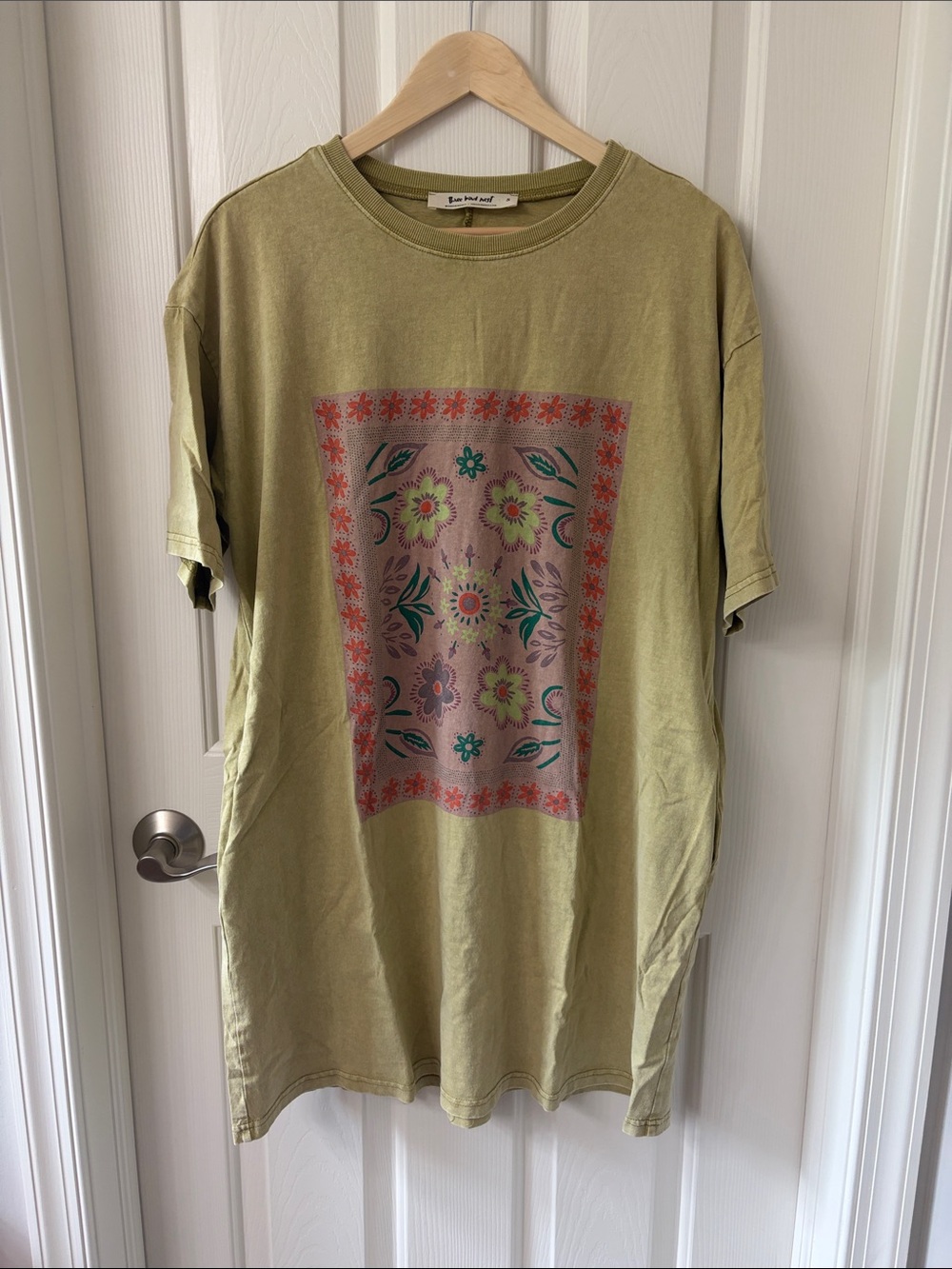 Three Bird Nest Olive Green Floral Midi T-shirt Dress